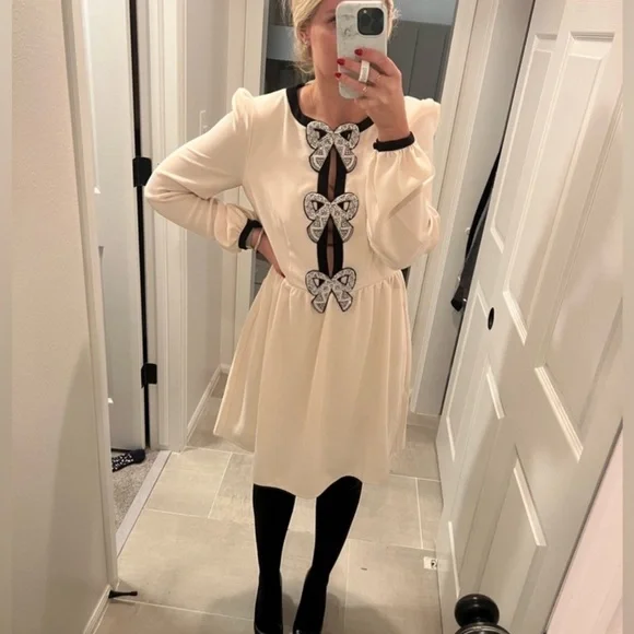 Saloni Camille Bow Embellished Dress Cream Black Bows Holiday Coquette